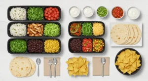 Chipotle-style taco and bowl bar with neatly arranged black containers filled with rice,