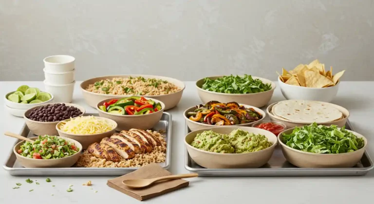 Clean, organized Chipotle-style catering spread with trays of rice, grilled chicken, black beans, vegetables, salsa, cheese, and tortillas on a white background.