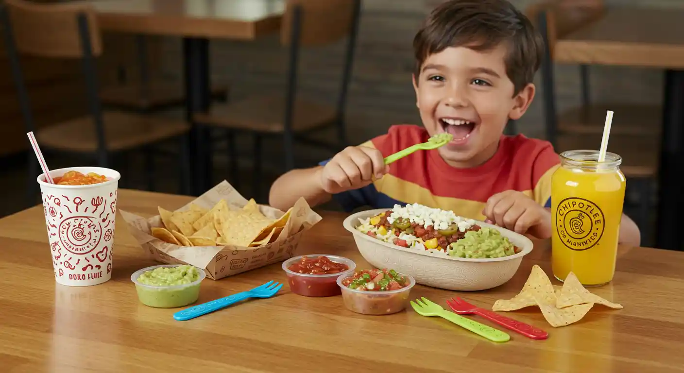 Smiling child with Chipotle kids meal and juice box