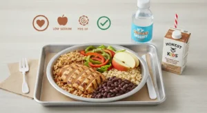 Healthy Chipotle kids meal with chicken and apple slices