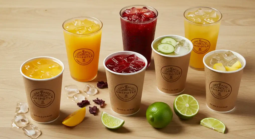 Assorted new Chipotle drinks for 2025 in eco-friendly cups on a table