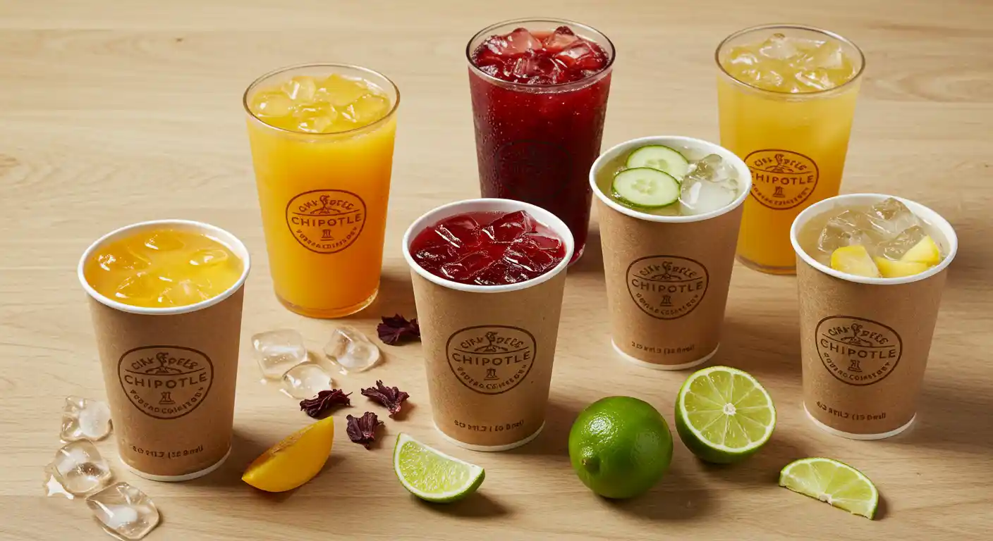 Assorted new Chipotle drinks for 2025 in eco-friendly cups on a table