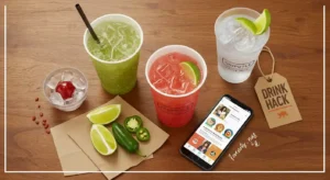 Custom Chipotle drink with lime and jalapeño hack next to rewards app