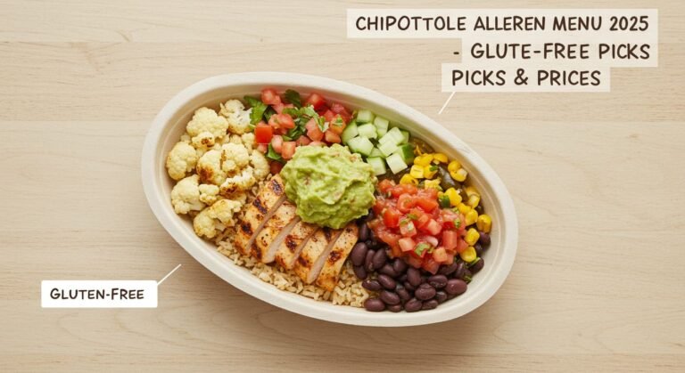 Chipotle gluten-free bowl with cauliflower rice, chicken, and guacamole from the 2025 allergen menu