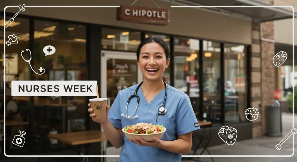 Nurse holding Chipotle bowl during Nurses Week 2025 giveaway