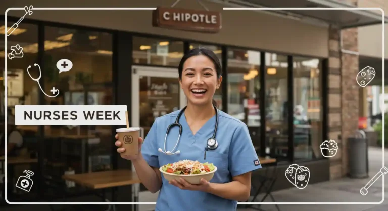 Nurse holding Chipotle bowl during Nurses Week 2025 giveaway