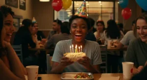 Happy young adult celebrating birthday at Chipotle restaurant with a burrito topped with candles, festive balloons, and a colorful birthday hat in a cheerful, casual atmosphere