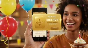 Gold Tier digital rewards card glowing with golden aura, surrounded by confetti, balloons, and a cupcake, with a smiling person holding a smartphone displaying unlocked Chipotle birthday perks in a festive, premium setting
