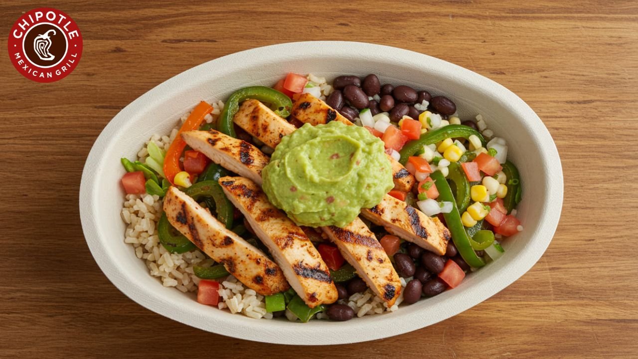 Chipotle burrito bowl with grilled chicken, brown rice, and fresh veggies