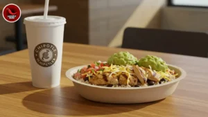 Chipotle Lunch Menu Chicken burrito bowl with guacamole and drink on Chipotle lunch menu 2025