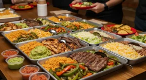 Chipotle party platters with grilled chicken, steak, sofritas, and toppings.