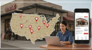 Map of Chipotle Careers locations with person applying online
