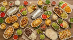 Full Chipotle catering spread with proteins, rice, beans, chips, and salsa.