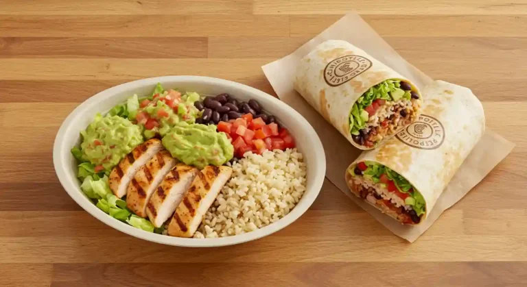 Chipotle bowl and burrito with nutrition facts label