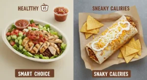 Healthy Chipotle bowl vs high-calorie burrito comparison