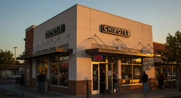 Chipotle restaurant exterior with open sign and customers entering