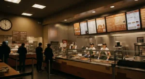 Busy Chipotle interior at lunchtime with visible clock and menu