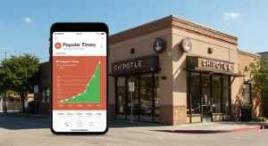 Google Maps popular times on phone screen in front of Chipotle store