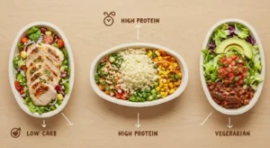 Low-calorie Chipotle meals including salad, veggie bowl, and barbacoa bowl