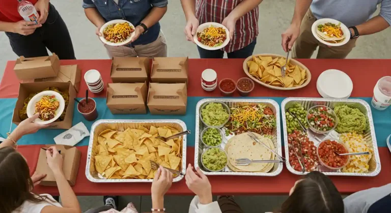 Chipotle catering table with burritos, bowls, chips, and salsa at a party.