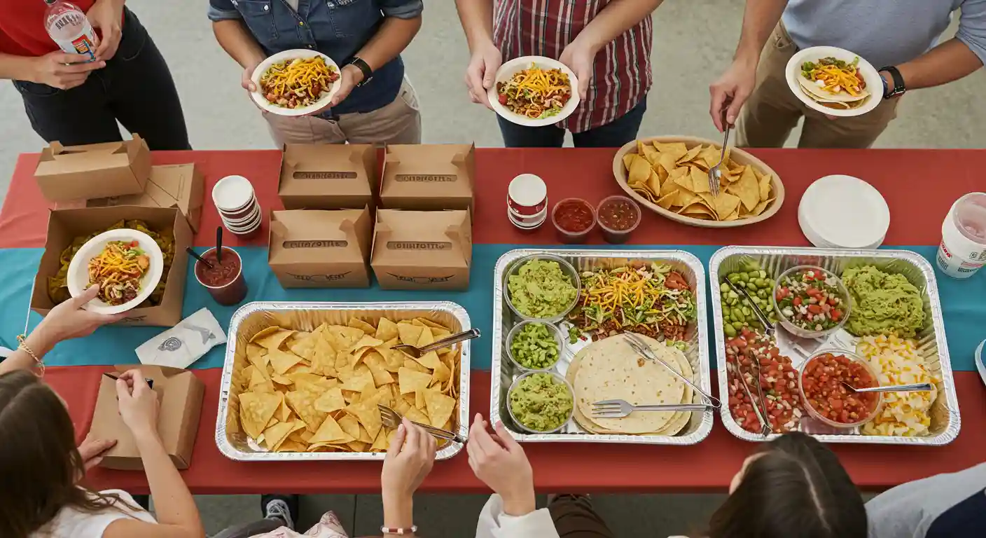 Chipotle catering table with burritos, bowls, chips, and salsa at a party.