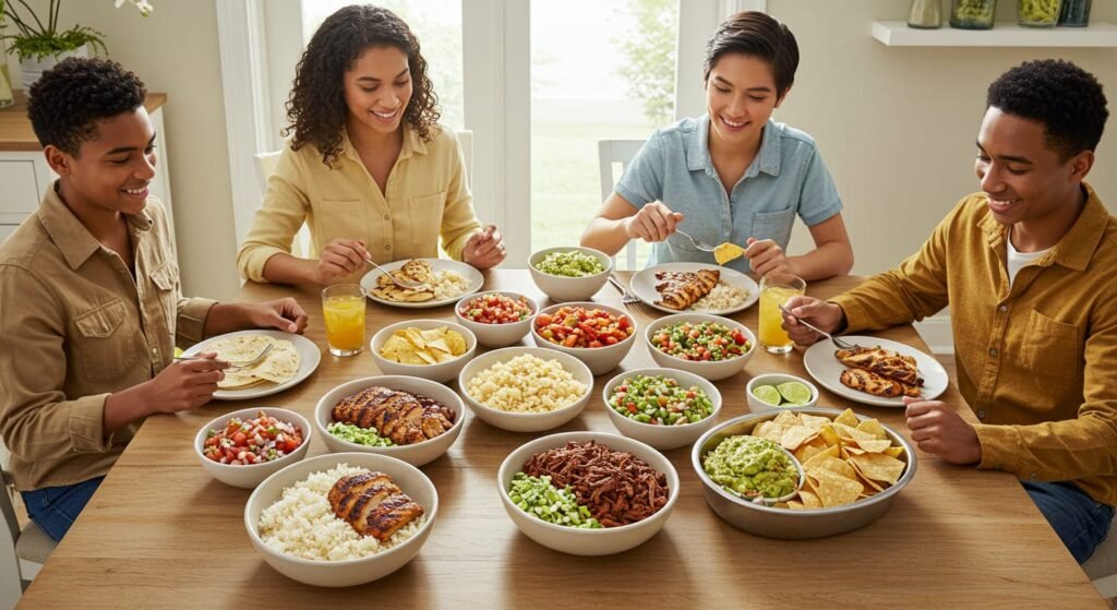 Chipotle family meal setup with bowls of rice, beans, meat, salsa, chips, and tortillas for 4 to 5 people – 2025