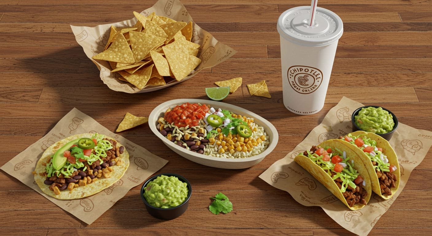 Chipotle burrito bowl, tacos, chips with guacamole, and drink on a wooden table