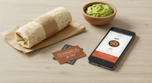 Chipotle gift card next to burrito and guacamole, with a digital gift card displayed on phone