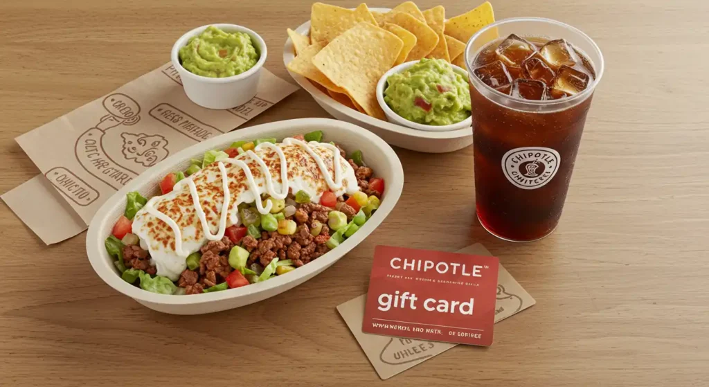 Chipotle gift card next to burrito bowl, chips, and drink on a restaurant table