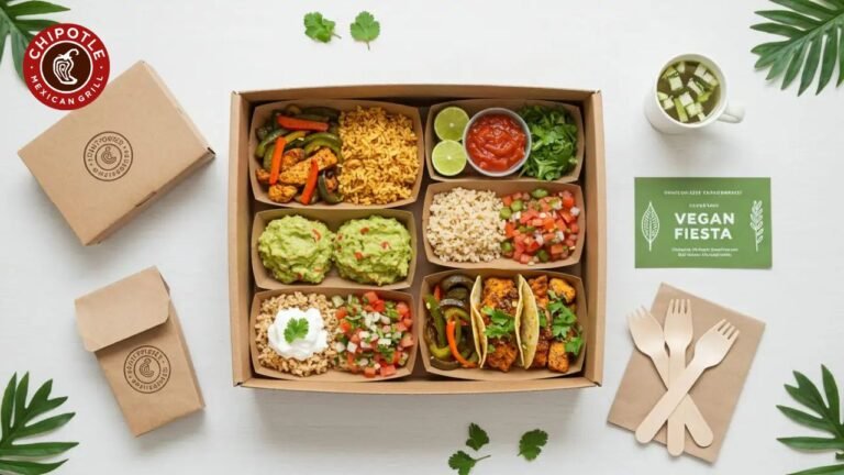 Plant-powered Chipotle catering box featuring sofritas, brown rice, fajita veggies, and guacamole in eco-friendly containers