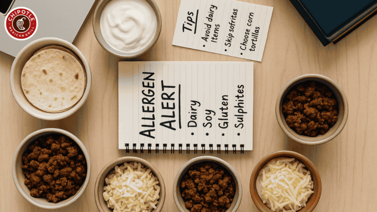 Chipotle bowl with fresh ingredients labeled for common allergens like dairy, gluten, soy, and sulphites