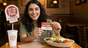 Happy Chipotle customer using a gift card and saving money on a burrito bowl meal
