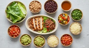 Chipotle salad ingredients in separate bowls with dressing