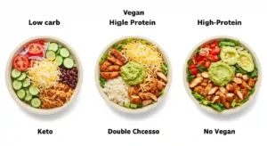Three Chipotle salad Menu bowls for keto, vegan, and high-protein diets