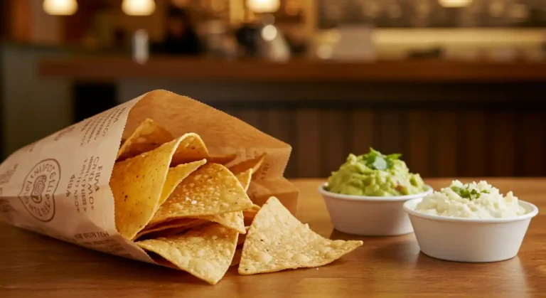 Fresh Chipotle chips with guac and queso on table