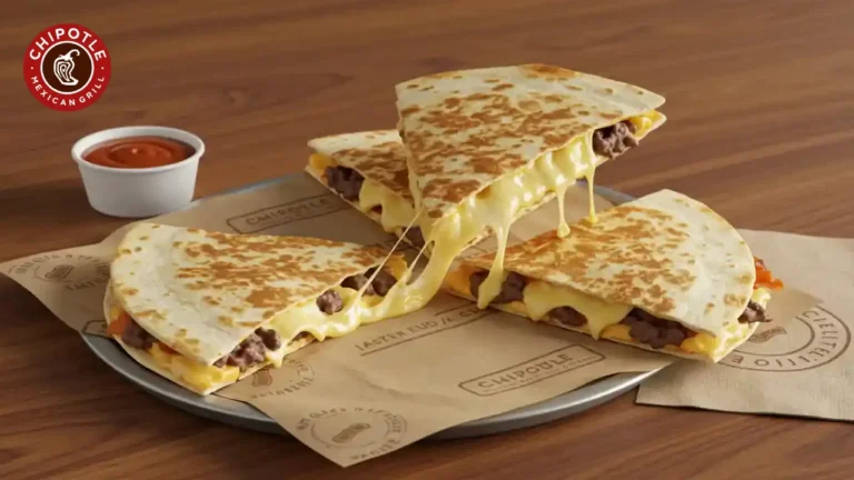 Custom Chipotle quesadilla with melted cheese, assorted sides, and Chipotle logo on napkin in warm rustic setting