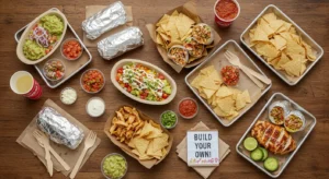 Cozy indoor family meal with Chipotle-style catering spread including burrito bowls, protein trays, and sides like queso and salsa