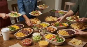 Chipotle catering setup with burritos, bowls, chips, and guacamole on a rustic wooden table