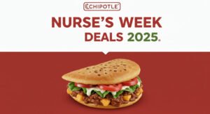 Chipotle logo with Nurses Week celebration graphics, including a stethoscope and heart icons in festive red and green colors
