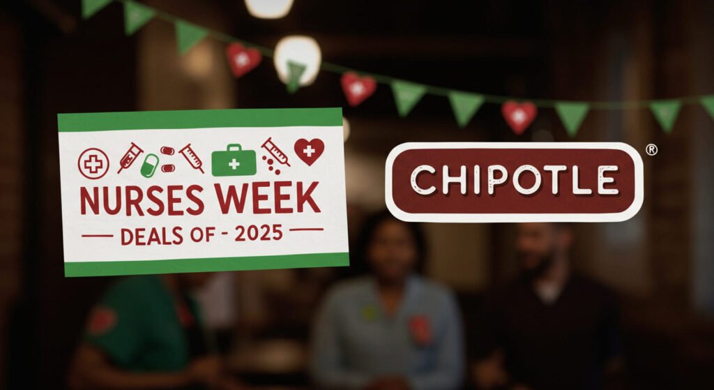 Festive Chipotle Nurses Week graphic with medical tools and heart icons on a clean background featuring Chipotle branding