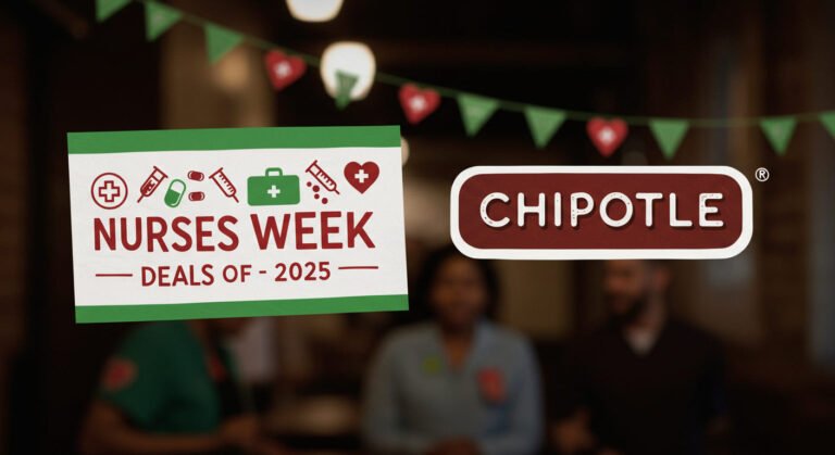 Festive Chipotle Nurses Week graphic with medical tools and heart icons on a clean background featuring Chipotle branding