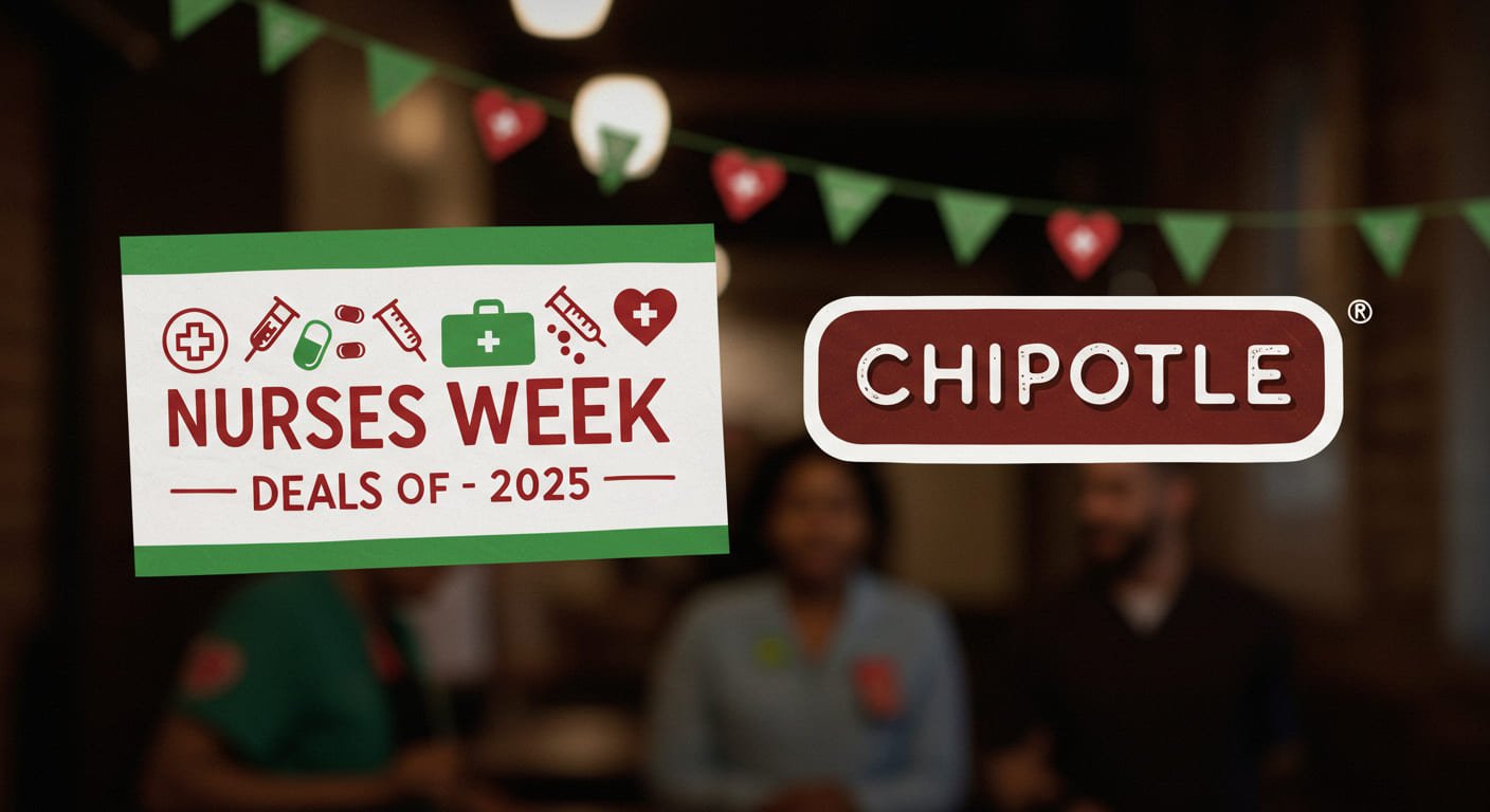 Festive Chipotle Nurses Week graphic with medical tools and heart icons on a clean background featuring Chipotle branding