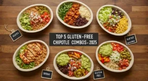 Five Chipotle gluten-free menu bowls with combo tags on wooden table