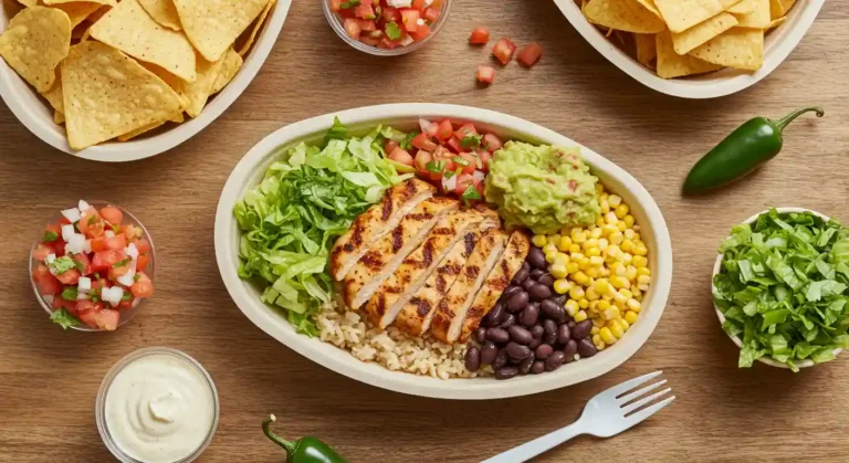 Chipotle burrito bowl with fresh toppings and chips on a wooden table