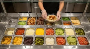 Chipotle ingredients on a counter with a burrito bowl being assembled
