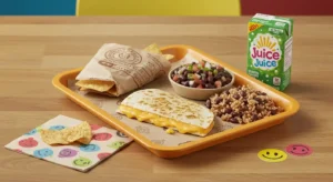 Chipotle kids meal with quesadilla, rice, beans, chips, and juice