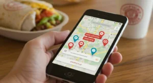 Smartphone showing Chipotle locations on map with pins near user