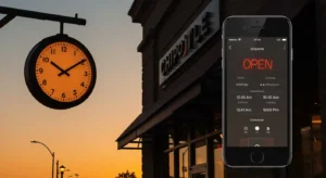 Chipotle storefront with open sign and clock showing 11 AM
