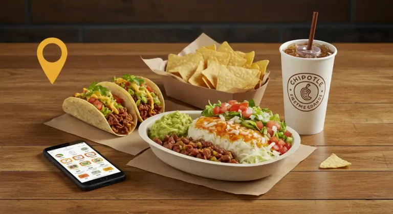 Chipotle burrito bowl, tacos, and drink on table with Chipotle Near Me Menu 2025