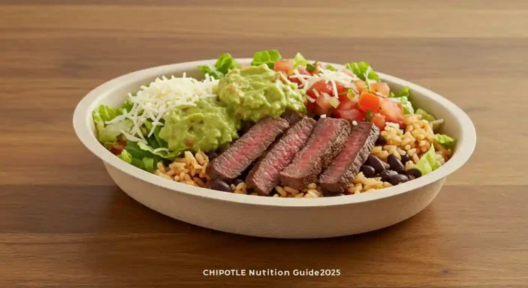 Chipotle steak bowl with guacamole, rice, beans, and salsa in 2025